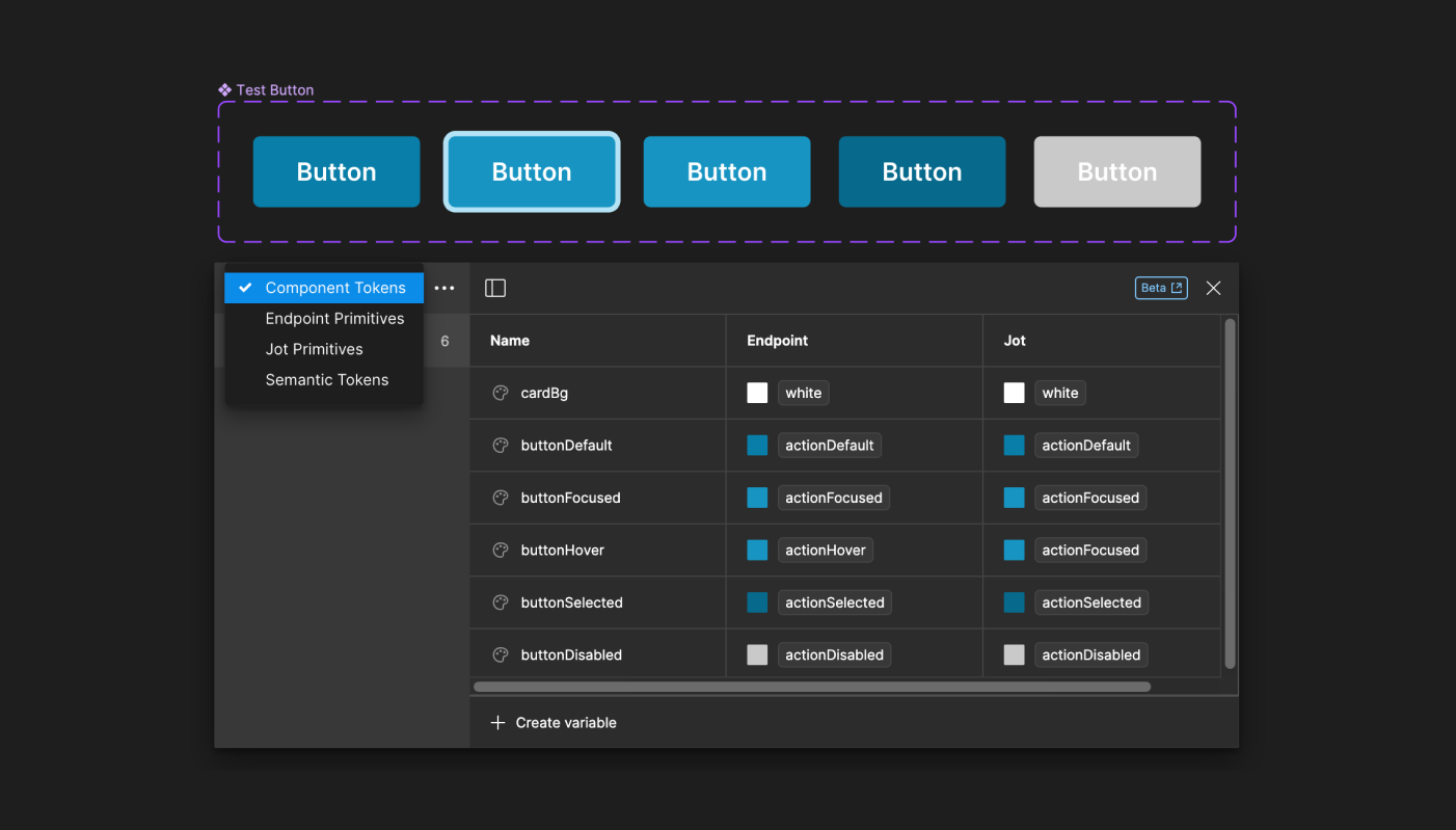 Button-specific component tokens pointed at semantic tokens