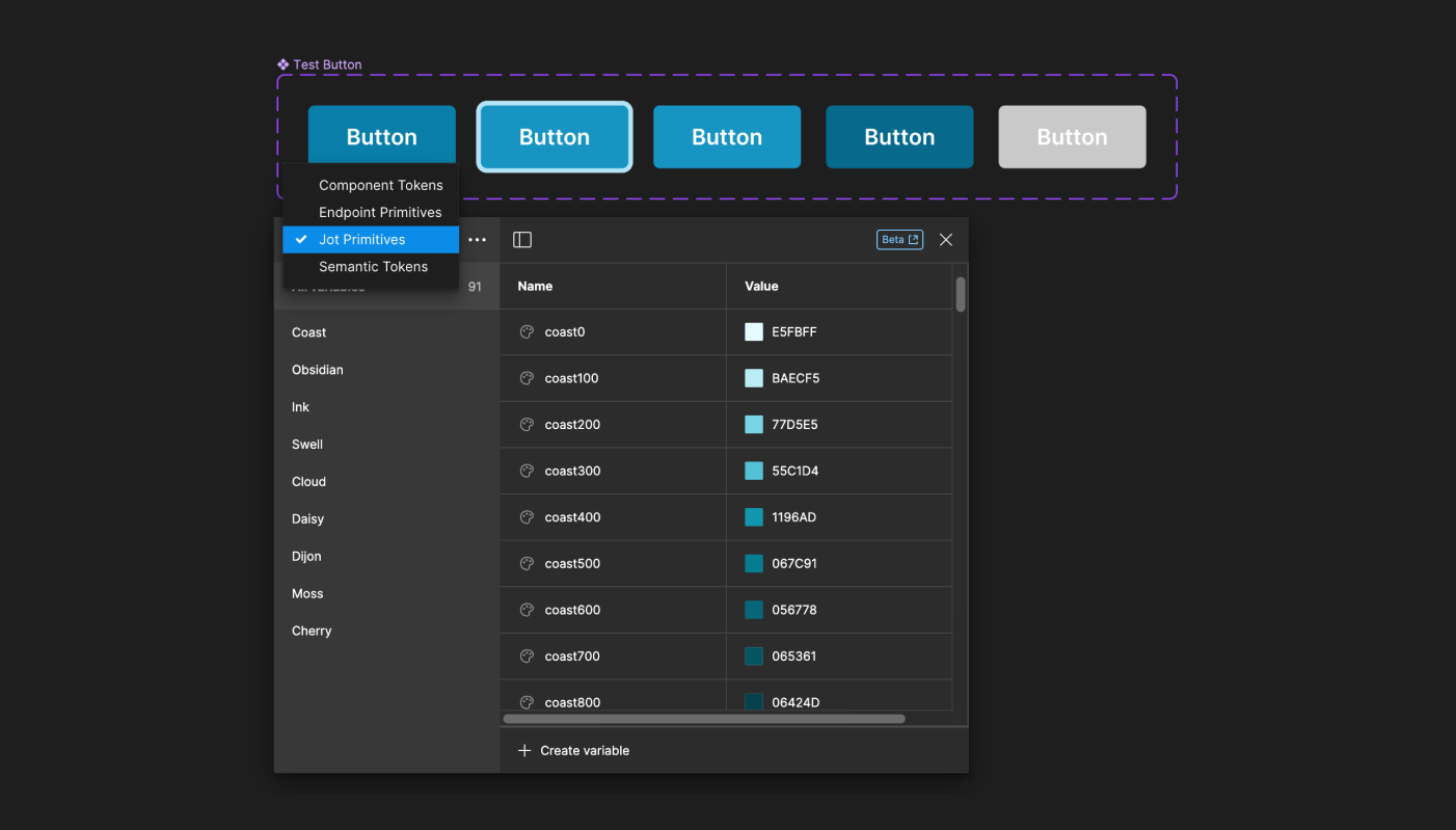 Jot theme primitive variable sets created in Figma