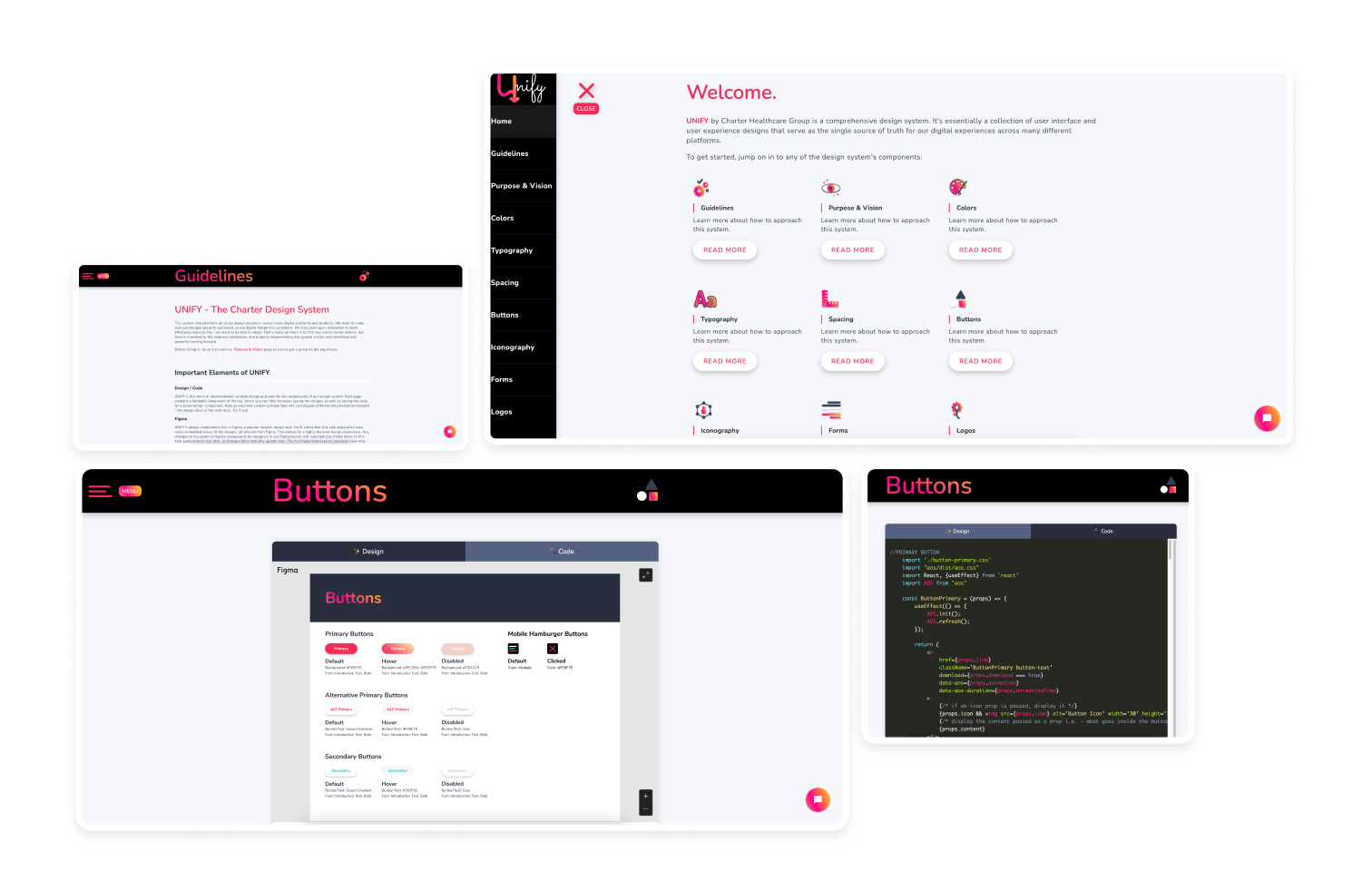 Documentation pages in the docs website for the design system, UNIFY